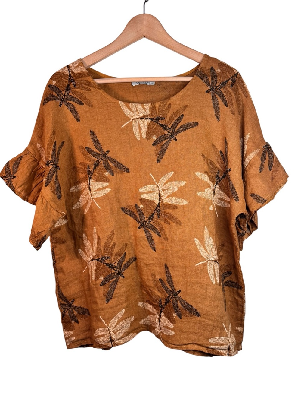 Elena Baldi 100% Linen Dragonfly Print Shirt Size Medium Tan Brown Short Sleeve
